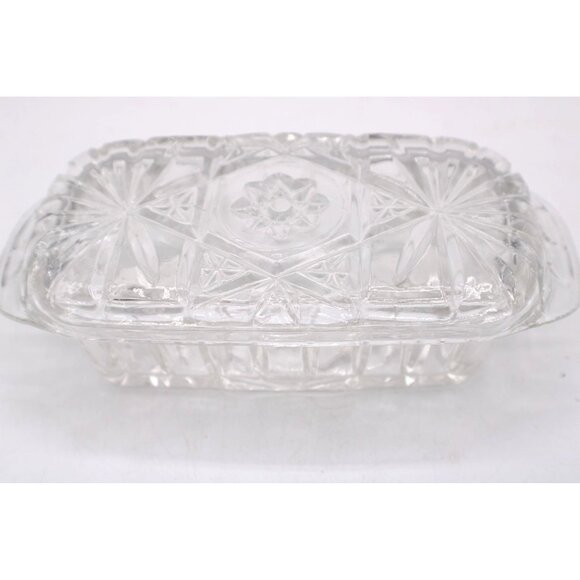 Vintage Anchor Hocking Glass Butter Dish EAPC Prescut Star of David Design 7" - Picture 9 of 11